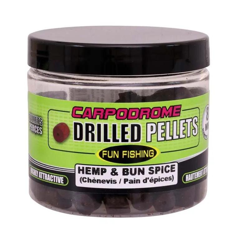Pellets percés FunFishing Drilled Pellets 8mm (pot de 80g) chénevis/pan d'épices